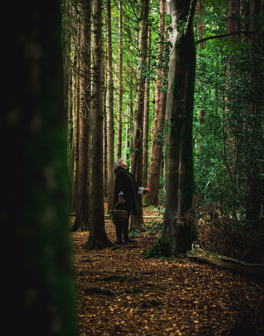 Irish woman rooted in Celtic tradition walking through Wexford forest embracing nature and ancestral wisdom